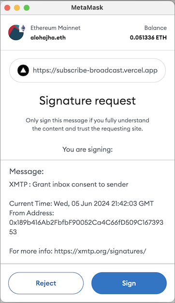 MetaMask wallet browser extension Signature request window showing an &quot;XMTP: Grant inbox consent to sender&quot; message
